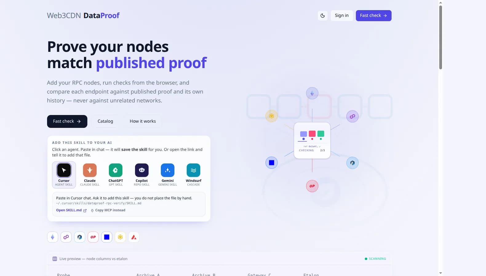 DataProof landing in light theme with Fast check and AI skill card