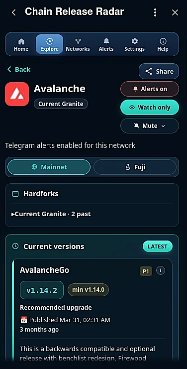 Versions, min requirements, alerts
